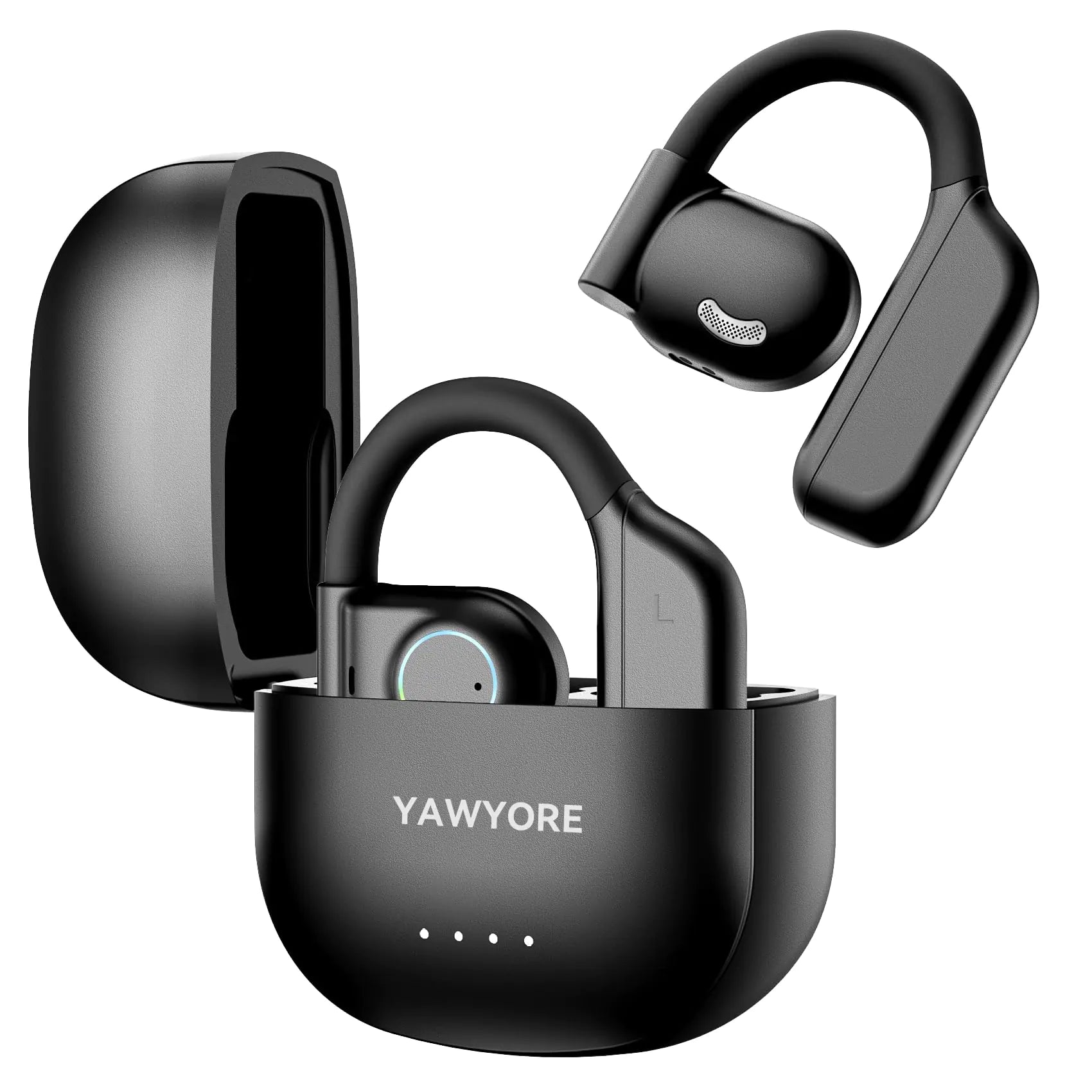 Auriculares negros inalámbricos YAWYORE con Bluetooth 5.3. Son cómodos, livianos y tienen ganchos para que no se caigan. Resisten agua y sudor (IPX7) y duran hasta 60 horas de batería. Ideales para correr, entrenar o usar todo el día.